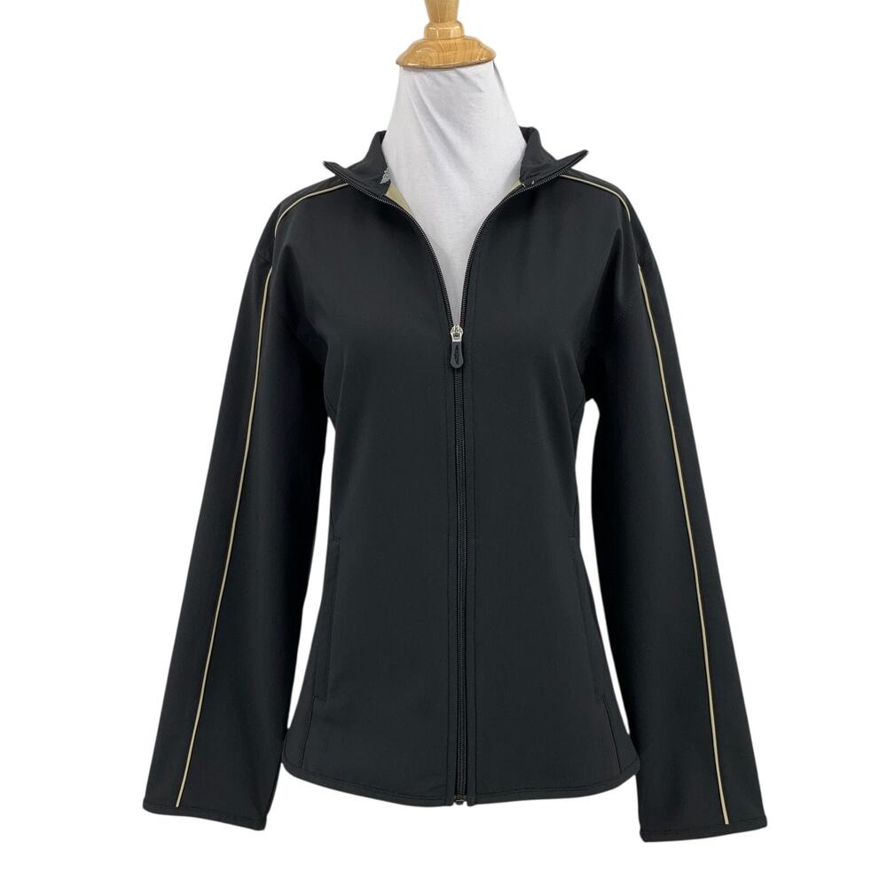 Straight Down Jacket Womens L Large Black Beige Piping Performance Long Sleeve